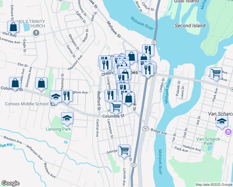 map of restaurants, bars, coffee shops, grocery stores, and more near 39 White Street in Cohoes