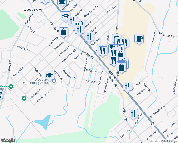 map of restaurants, bars, coffee shops, grocery stores, and more near 3305 Ralph Street in Schenectady