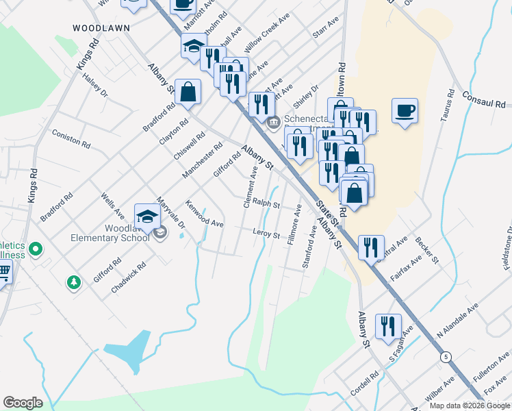 map of restaurants, bars, coffee shops, grocery stores, and more near 3305 Ralph Street in Schenectady