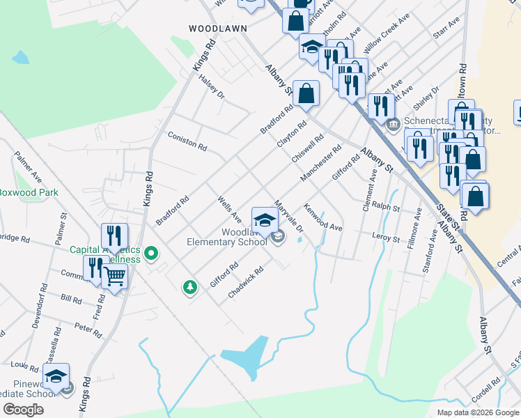 map of restaurants, bars, coffee shops, grocery stores, and more near 318 Chiswell Road in Schenectady
