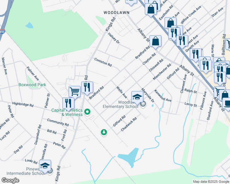 map of restaurants, bars, coffee shops, grocery stores, and more near 358 Clayton Road in Schenectady