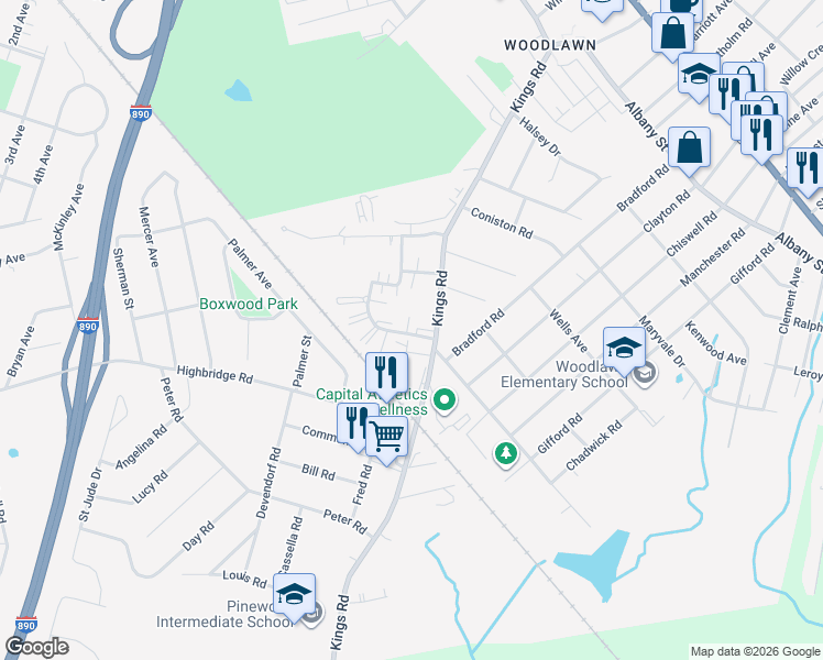 map of restaurants, bars, coffee shops, grocery stores, and more near 4208 Court Royale in Schenectady