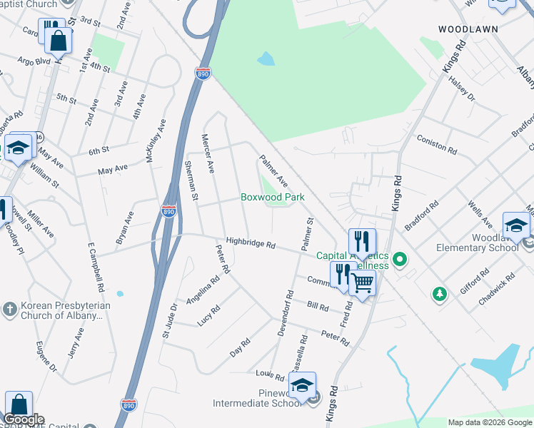 map of restaurants, bars, coffee shops, grocery stores, and more near 167 Boxwood Drive in Schenectady