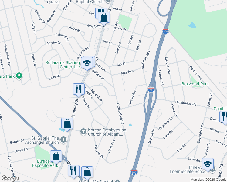 map of restaurants, bars, coffee shops, grocery stores, and more near 294 William Street in Schenectady