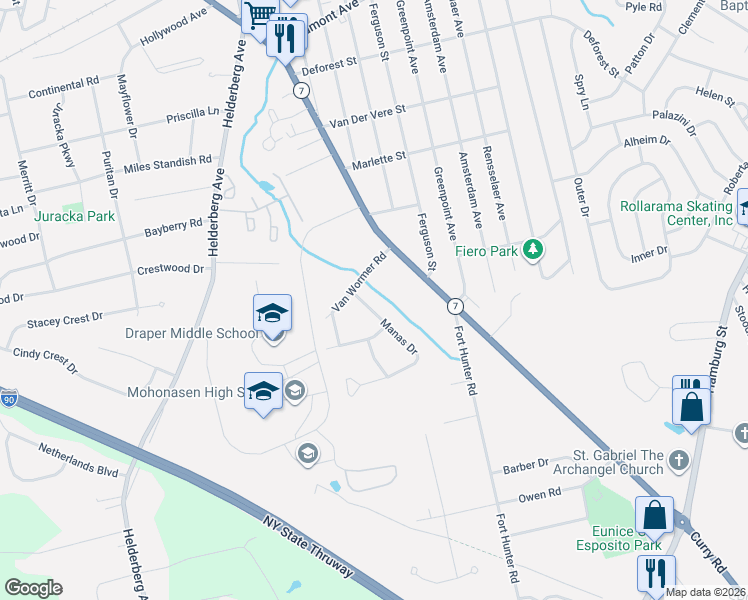 map of restaurants, bars, coffee shops, grocery stores, and more near 2114 Van Wormer Road in Schenectady