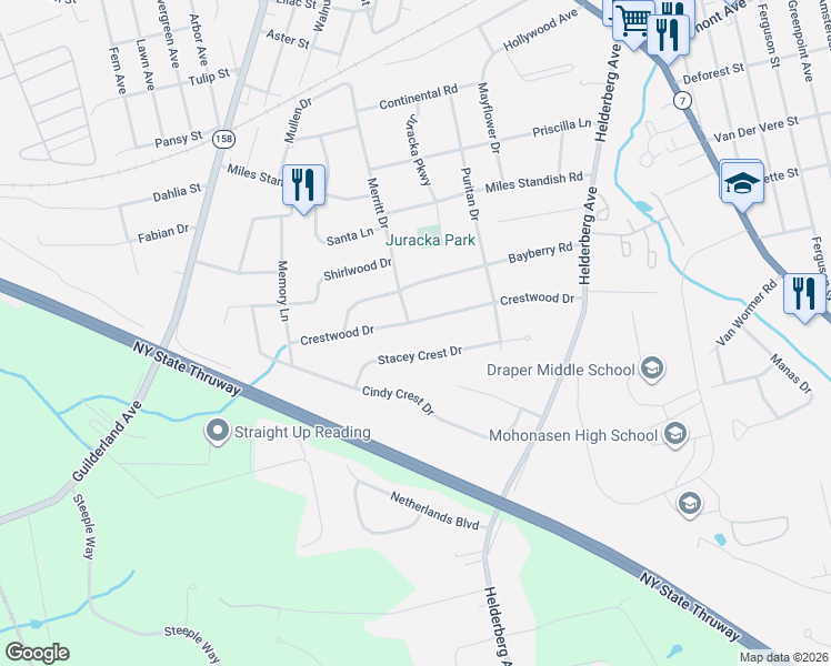 map of restaurants, bars, coffee shops, grocery stores, and more near 40 Crestwood Drive in Rotterdam