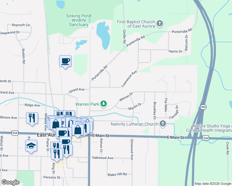 map of restaurants, bars, coffee shops, grocery stores, and more near 811 Lawrence Avenue in East Aurora