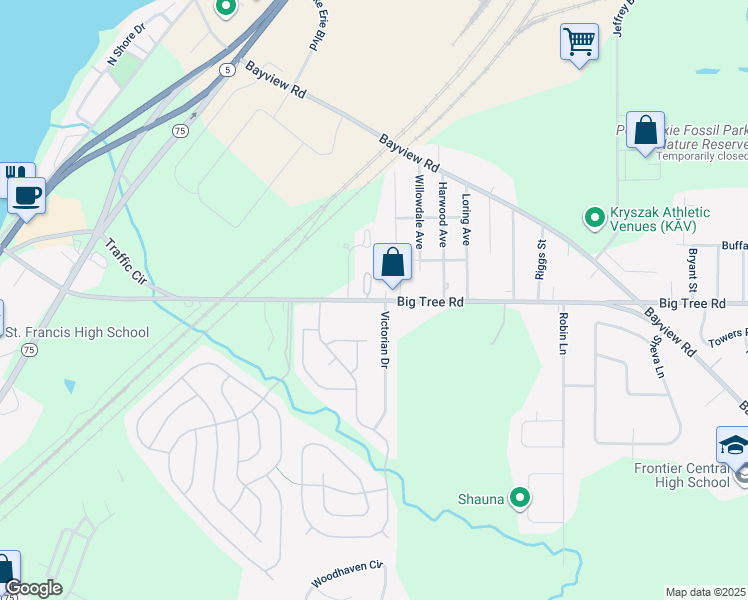 map of restaurants, bars, coffee shops, grocery stores, and more near 3700 Big Tree Road in Hamburg