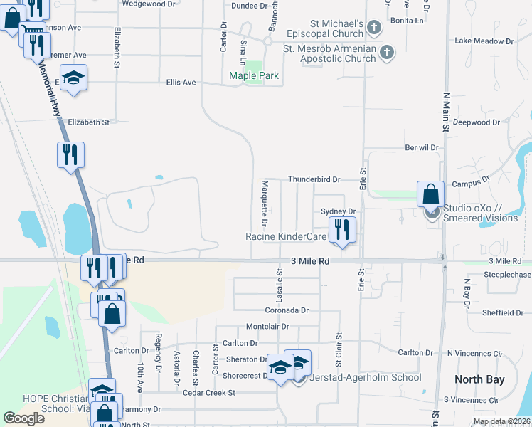 map of restaurants, bars, coffee shops, grocery stores, and more near 4132 Lasalle Street in Racine
