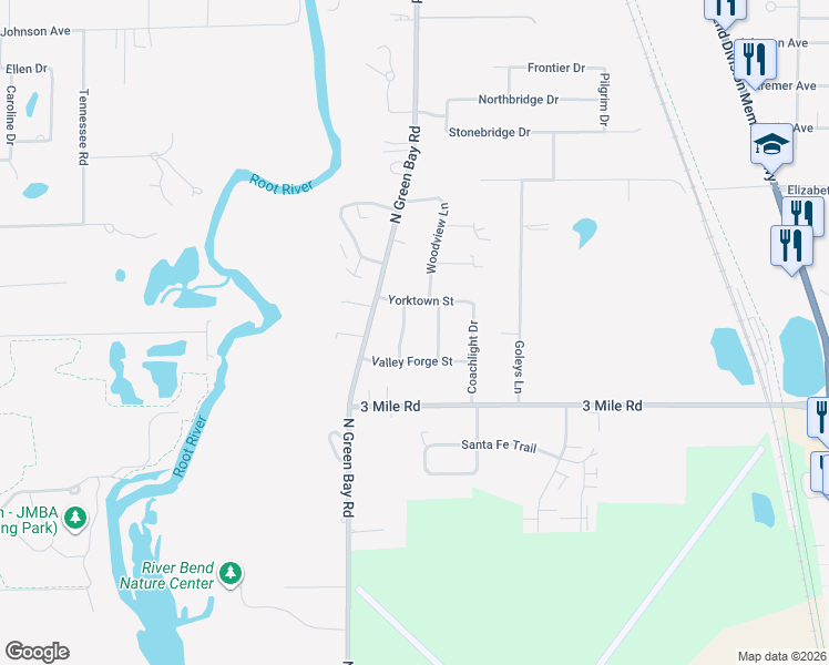 map of restaurants, bars, coffee shops, grocery stores, and more near 4133 Brandywine Avenue in Racine