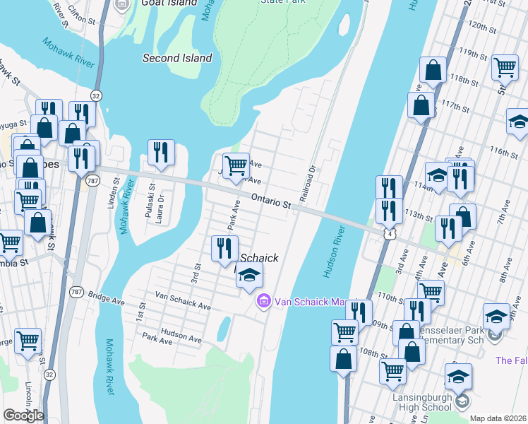 map of restaurants, bars, coffee shops, grocery stores, and more near 54 Ontario Street in Cohoes
