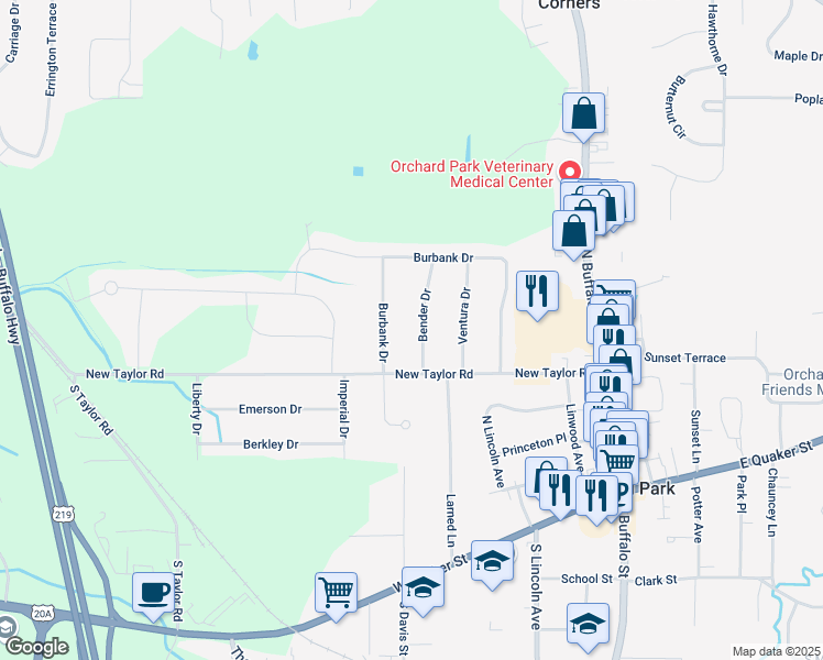 map of restaurants, bars, coffee shops, grocery stores, and more near 25 Bender Drive in Orchard Park