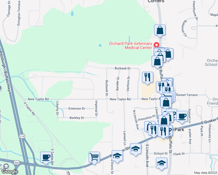 map of restaurants, bars, coffee shops, grocery stores, and more near 24 Burbank Drive in Orchard Park