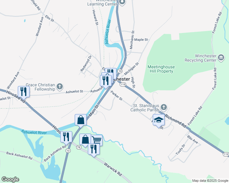 map of restaurants, bars, coffee shops, grocery stores, and more near 47 Elm Street in Winchester