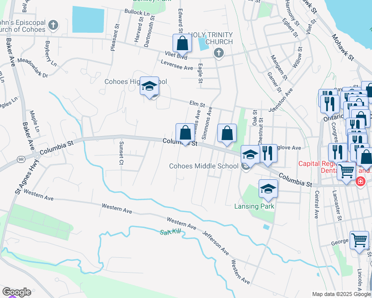 map of restaurants, bars, coffee shops, grocery stores, and more near 250 Columbia Street in Cohoes