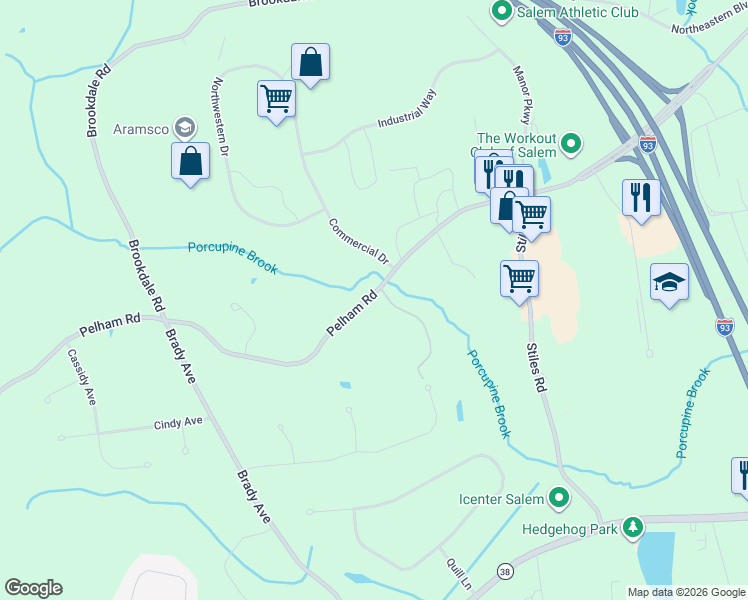 map of restaurants, bars, coffee shops, grocery stores, and more near 65 Pelham Road in Salem