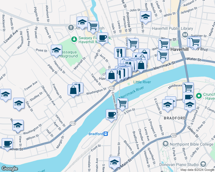 map of restaurants, bars, coffee shops, grocery stores, and more near 197 Washington Street in Haverhill