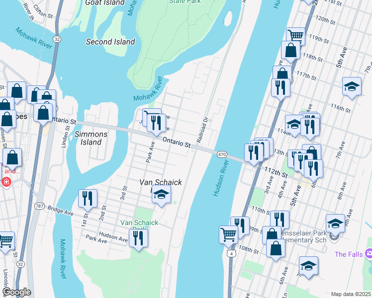 map of restaurants, bars, coffee shops, grocery stores, and more near 77 Delaware Avenue in Cohoes