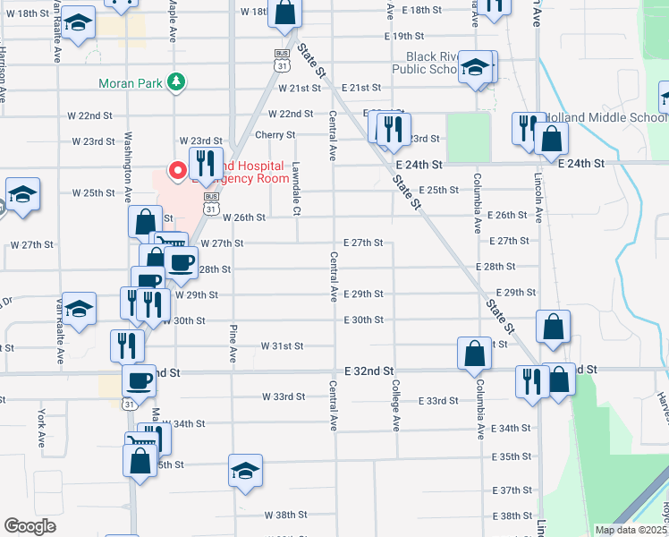 map of restaurants, bars, coffee shops, grocery stores, and more near Central Avenue in Holland