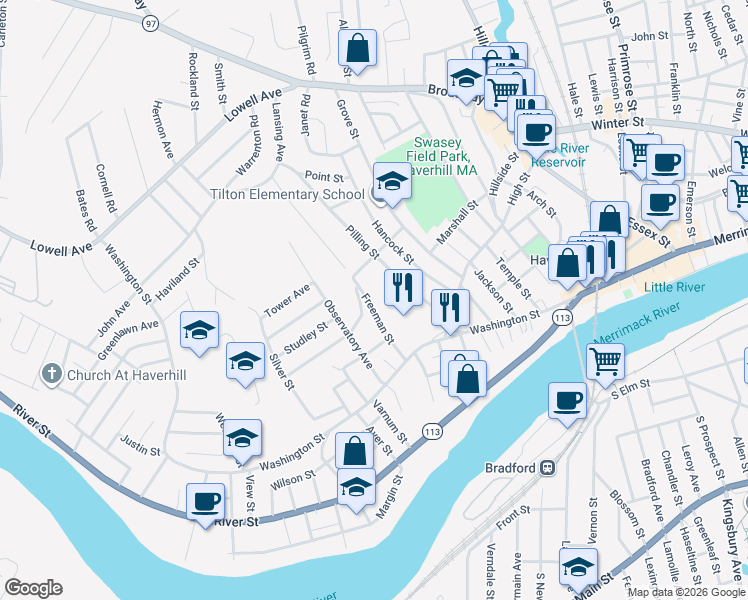 map of restaurants, bars, coffee shops, grocery stores, and more near 51 Freeman Street in Haverhill
