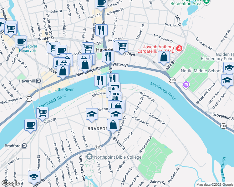 map of restaurants, bars, coffee shops, grocery stores, and more near 8 South Main Street in Haverhill