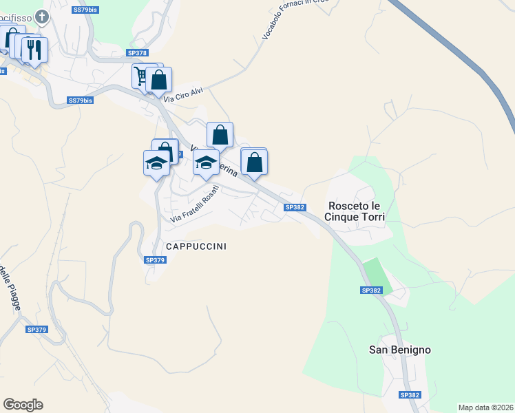 map of restaurants, bars, coffee shops, grocery stores, and more near 15 Via del Broglino in Todi