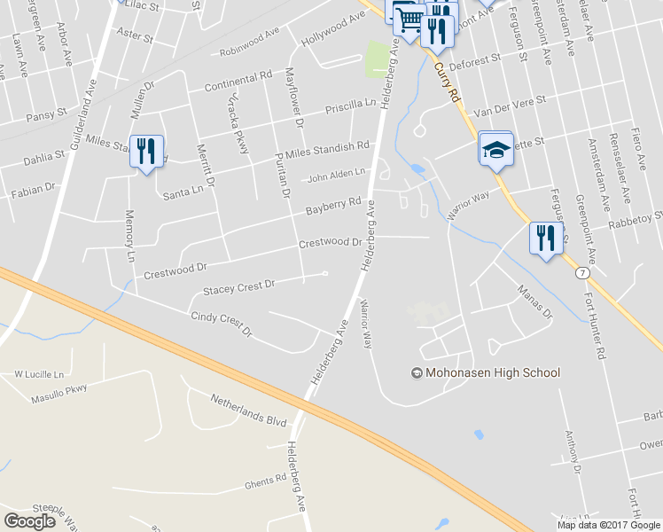 map of restaurants, bars, coffee shops, grocery stores, and more near 123 Day Spring Court in Schenectady