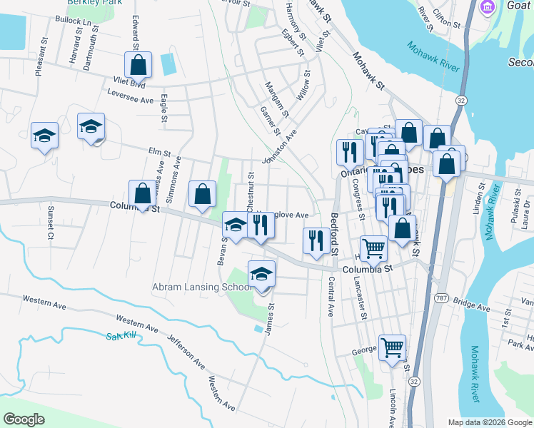 map of restaurants, bars, coffee shops, grocery stores, and more near Younglove Avenue & Broadway in Cohoes