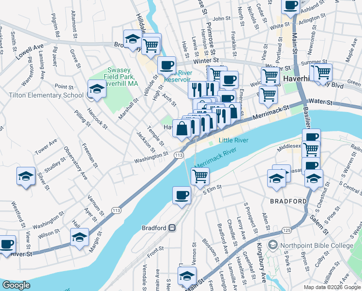 map of restaurants, bars, coffee shops, grocery stores, and more near 173 Washington Street in Haverhill