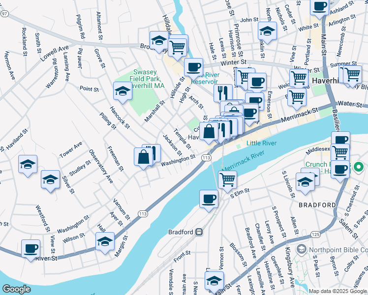 map of restaurants, bars, coffee shops, grocery stores, and more near 28 Temple Street in Haverhill