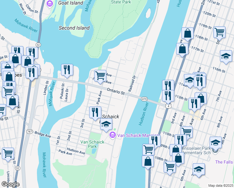 map of restaurants, bars, coffee shops, grocery stores, and more near 54 Ontario Street in Cohoes