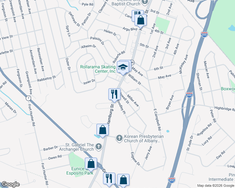 map of restaurants, bars, coffee shops, grocery stores, and more near 2783 Hamburg Street in Schenectady