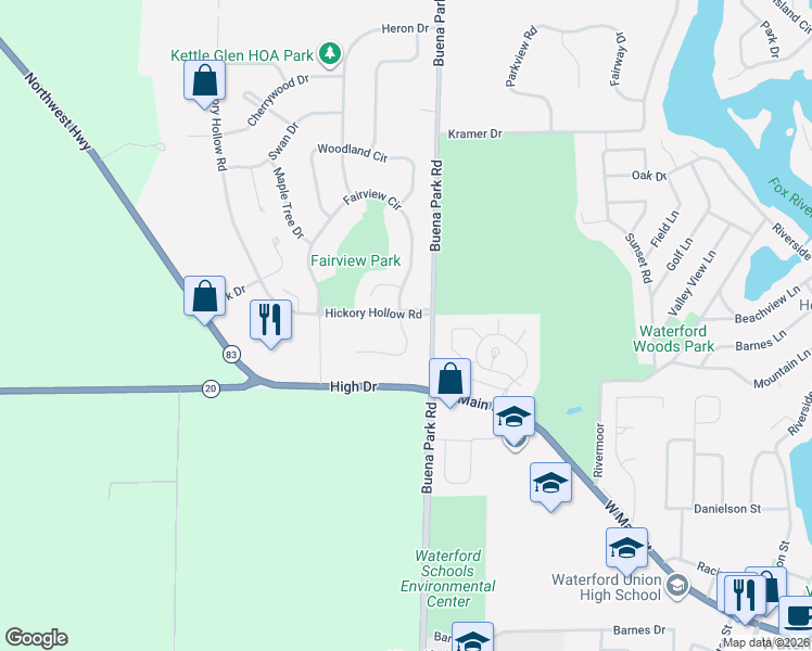 map of restaurants, bars, coffee shops, grocery stores, and more near Hickory Hollow Road in Waterford