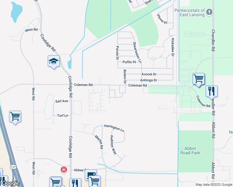 map of restaurants, bars, coffee shops, grocery stores, and more near 3500 Beaumont Park Drive in East Lansing