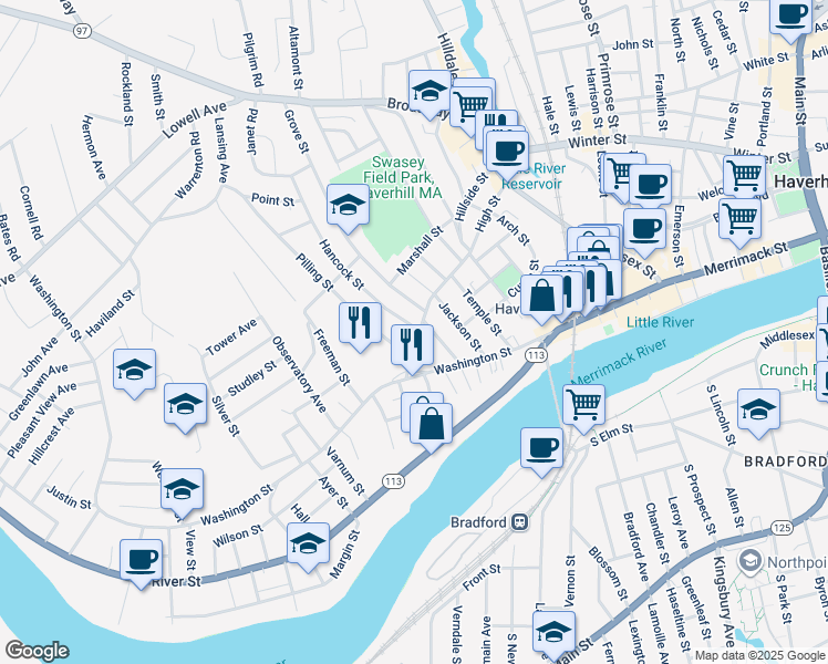 map of restaurants, bars, coffee shops, grocery stores, and more near 4 Hancock Street in Haverhill