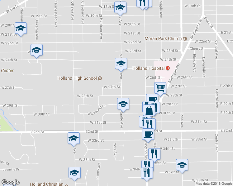 map of restaurants, bars, coffee shops, grocery stores, and more near 301 West 28th Street in Holland