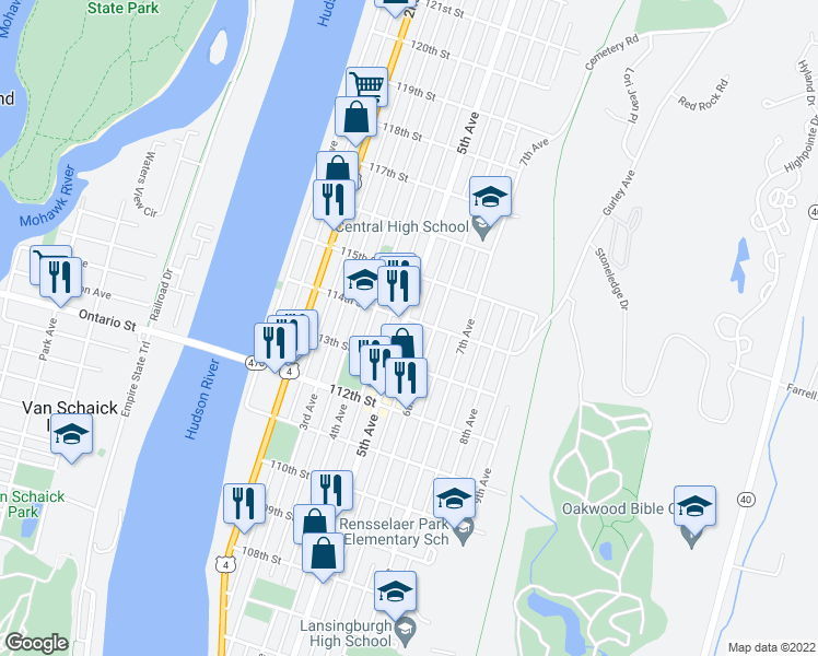 map of restaurants, bars, coffee shops, grocery stores, and more near 532 5th Ave in Troy
