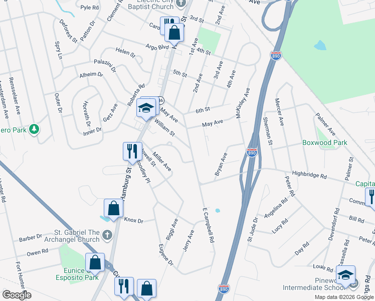 map of restaurants, bars, coffee shops, grocery stores, and more near 294 William Street in Schenectady