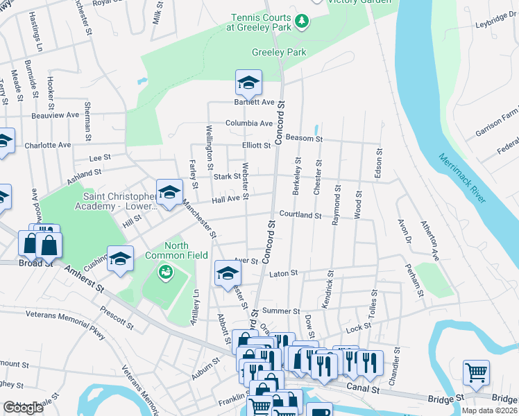 map of restaurants, bars, coffee shops, grocery stores, and more near 10 Hall Avenue in Nashua