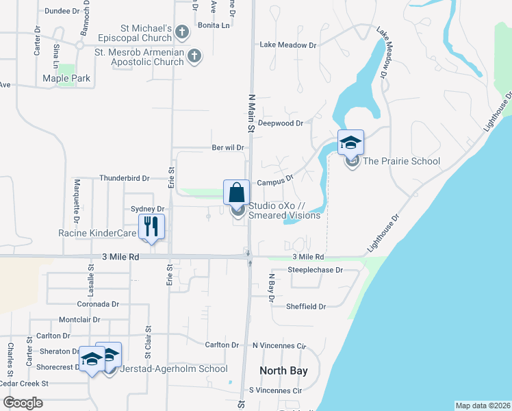 map of restaurants, bars, coffee shops, grocery stores, and more near 151 West Parkfield Court in Wind Point