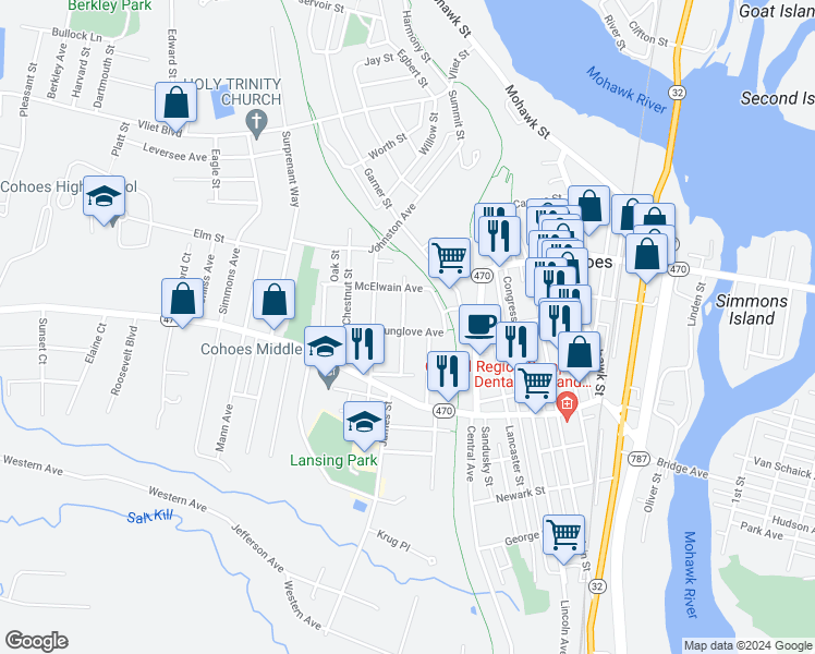 map of restaurants, bars, coffee shops, grocery stores, and more near 33 Younglove Avenue in Cohoes