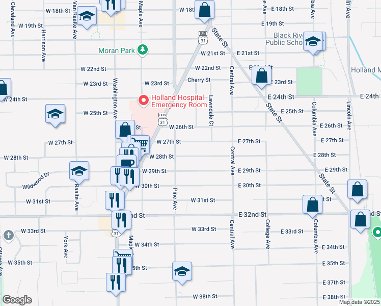 map of restaurants, bars, coffee shops, grocery stores, and more near 71 West 28th Street in Holland