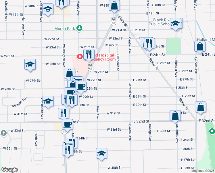 map of restaurants, bars, coffee shops, grocery stores, and more near 71 West 28th Street in Holland