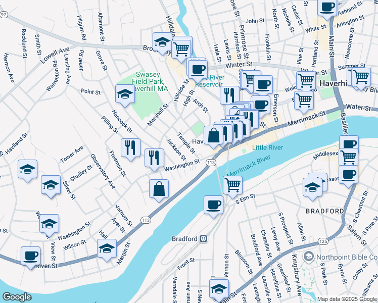 map of restaurants, bars, coffee shops, grocery stores, and more near 28 Temple Street in Haverhill