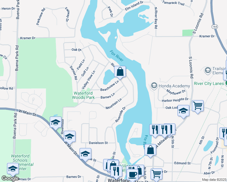 map of restaurants, bars, coffee shops, grocery stores, and more near 30330 Barnes Lane in Waterford