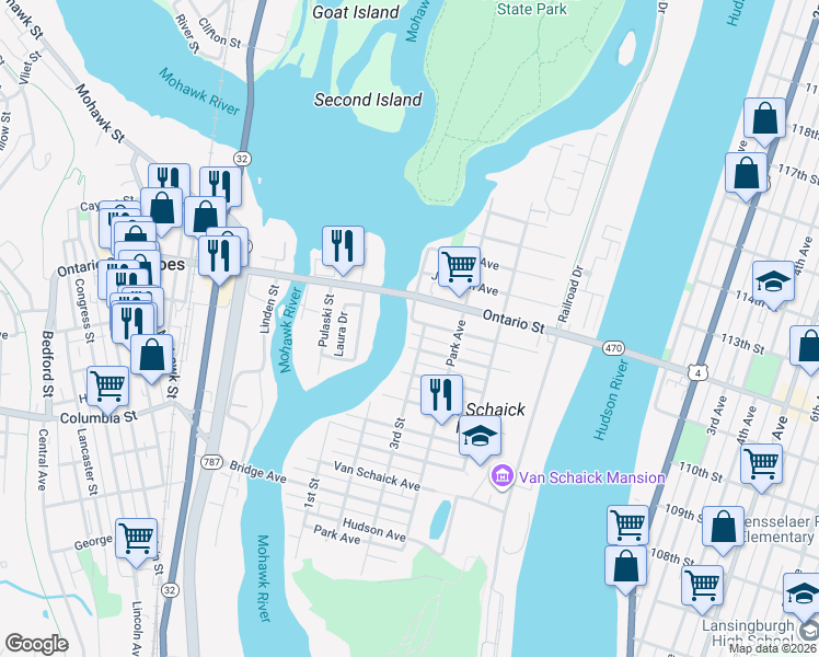map of restaurants, bars, coffee shops, grocery stores, and more near 126 Breslin Avenue in Cohoes