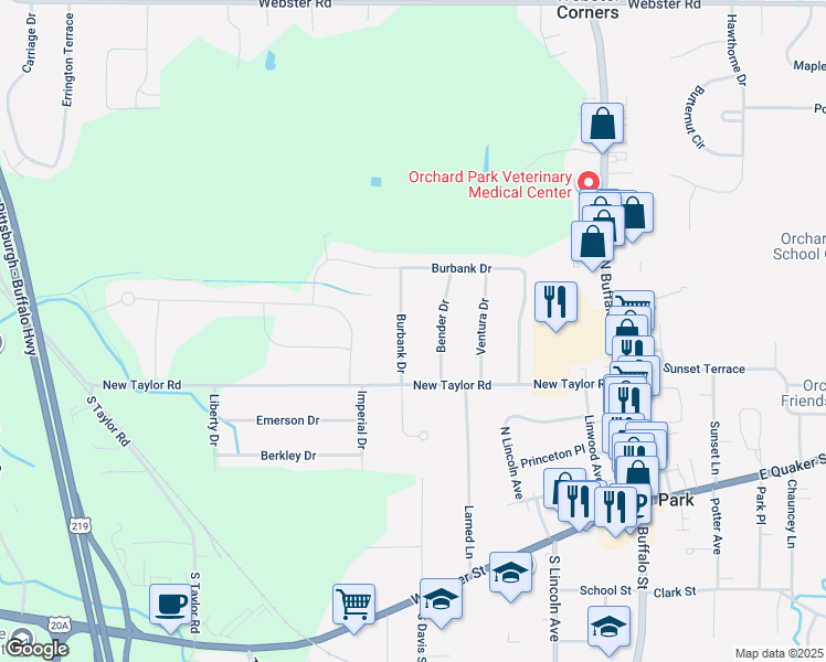 map of restaurants, bars, coffee shops, grocery stores, and more near 24 Burbank Drive in Orchard Park