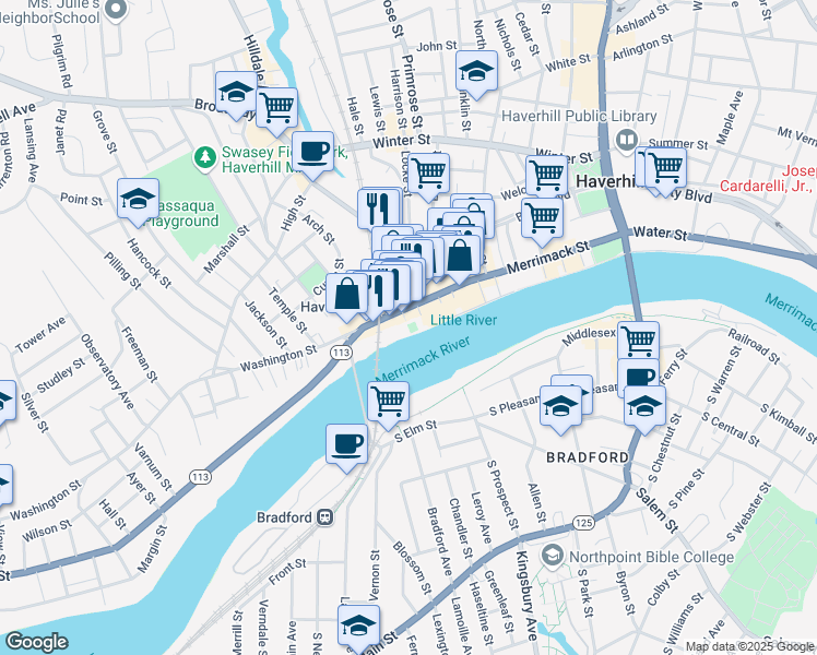 map of restaurants, bars, coffee shops, grocery stores, and more near 102 Washington Street in Haverhill