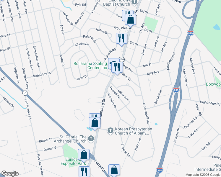 map of restaurants, bars, coffee shops, grocery stores, and more near 2783 Hamburg Street in Schenectady