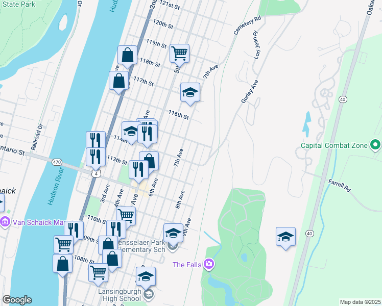 map of restaurants, bars, coffee shops, grocery stores, and more near 549 8th Avenue in Troy